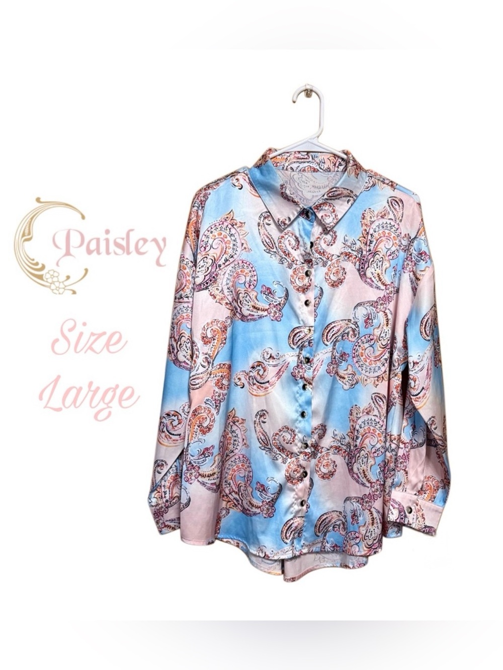 🌸✨ Dreamy Pastel Paisley Satin Blouse | Quiet Luxury Boho Chic | Large ✨🌸 - Picture 2 of 4